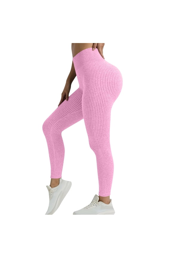 Womens High Waisted Ribbed Yoga Leggings Elastic Stretch Compression Tights Seamless Workout Pants for Gym Activewear