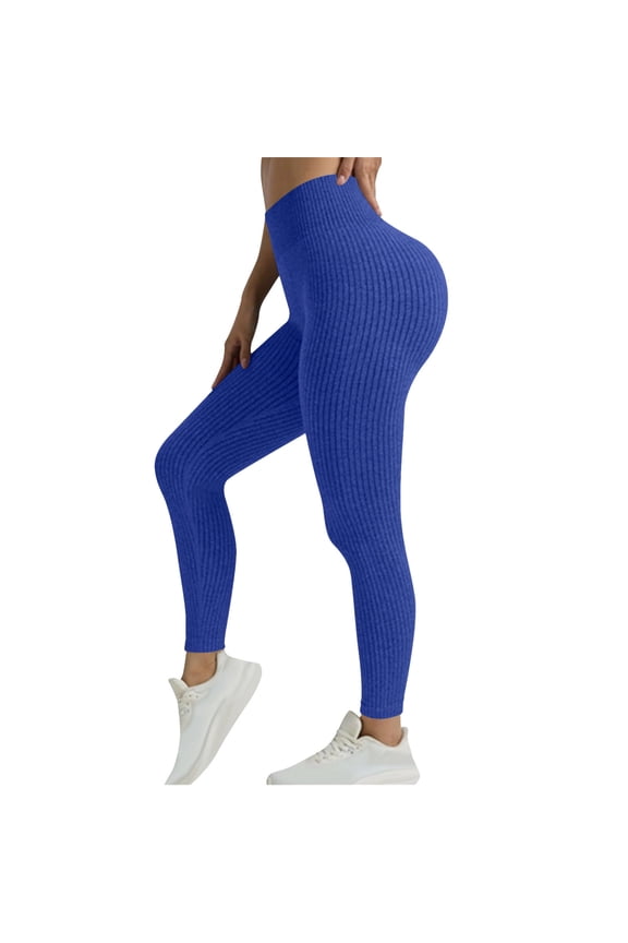 Womens High Waisted Ribbed Yoga Leggings Elastic Stretch Compression Tights Seamless Workout Pants for Gym Activewear