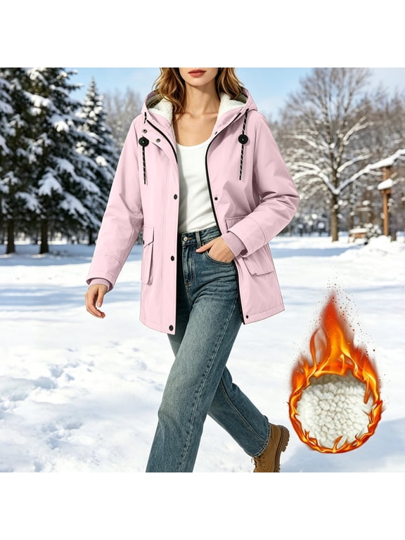 Womens Hooded Raincoat Sherpa Fleece Lined Winter Warm Jacket Water Resistant Windbreaker with Pockets for Outdoor Hiking Casual Travel Parka Coat