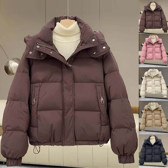 Xdegoge Womens Jackets Winter Cropped Puffy Zip Up Stand Collar Hooded Down Coat with Pockets Thermal Casual Plain Oversized Quilted Jacket Trendy Warm Puffer Coats 2025
