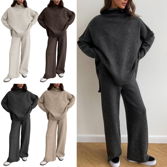 Xdegoge Womens Knit Cotton Sweater Sets 2 Piece Lounge Outfits Oversized High Collar Long Sleeve Thermal Pullover Tops Elastic Waist Warm Wide Leg Pants Fall Winter Trendy Casaul Matching Clothes
