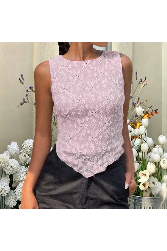 Womens Lace Tops Floral Sheer Sleeveless Shirts Crewneck Pointed Hem Blouses Slim Fit Elegant Going Out Party Club Summer Fashion Y2K Tees Retro Dressy Asymmetrical Tops