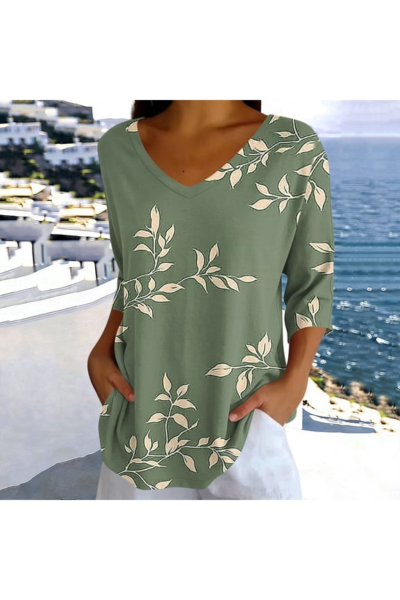 Womens Leaf Print T Shirt V Neck 3/4 Sleeve Loose Fit Casual Tunic Blouse Elegant Sage Green Botanical Pattern Tops