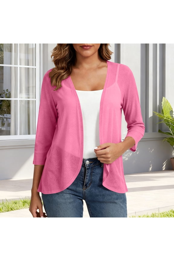 Womens Lightweight Sheer Open Front Draped Cardigan Sweaters Three Quarter Sleeve Casual Solid Shrug Cover Up Outerwear Blouses Layering Shirts Tops