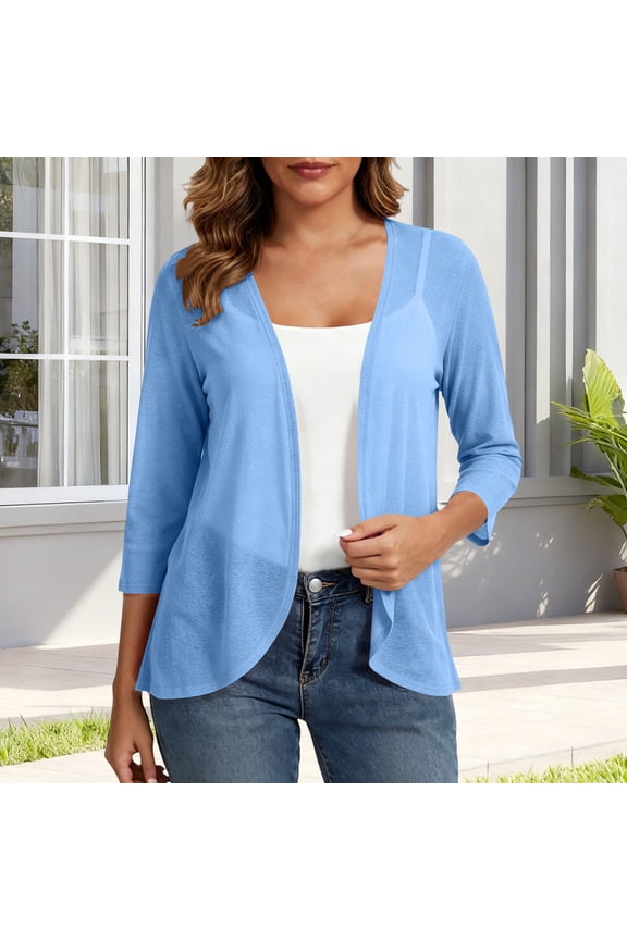 Womens Lightweight Sheer Open Front Draped Cardigan Sweaters Three Quarter Sleeve Casual Solid Shrug Cover Up Outerwear Blouses Layering Shirts Tops