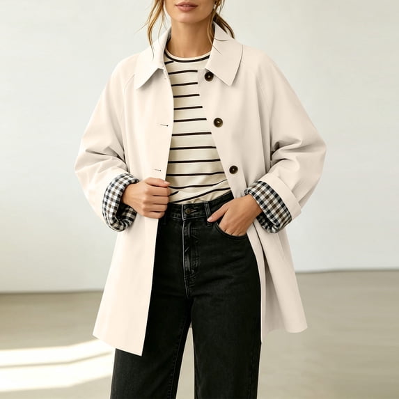 Xdegoge Womens Lightweight Trench Coat Button Down Lapel Jacket with Plaid Lined Cuffs Long Sleeve Casual Fall Office Work Fashion Outerwear