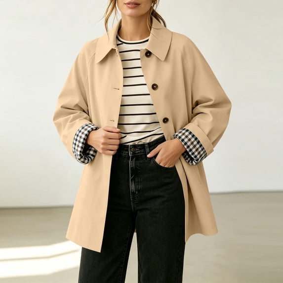 Xdegoge Womens Lightweight Trench Coat Button Down Lapel Jacket with Plaid Lined Cuffs Long Sleeve Casual Fall Office Work Fashion Outerwear