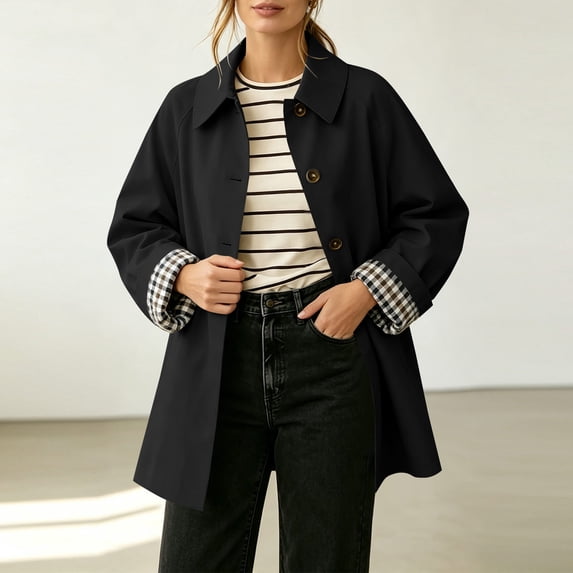 Xdegoge Womens Lightweight Trench Coat Button Down Lapel Jacket with Plaid Lined Cuffs Long Sleeve Casual Fall Office Work Fashion Outerwear
