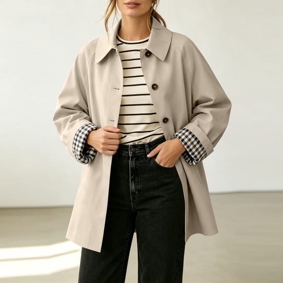 Xdegoge Womens Lightweight Trench Coat Button Down Lapel Jacket with Plaid Lined Cuffs Long Sleeve Casual Fall Office Work Fashion Outerwear