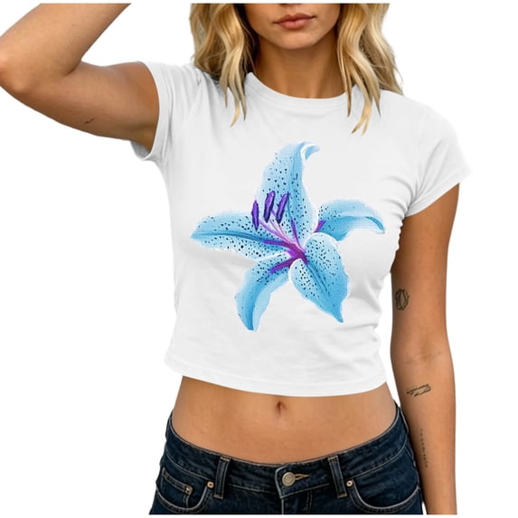 Xdegoge Womens Lily Floral Graphic Print Crop Tops Short Sleeve Crewneck Slim Fit Shirts Summer Casual Botanical Trendy Fitted T Shirts Y2K Vintage Inspired Basic Tees