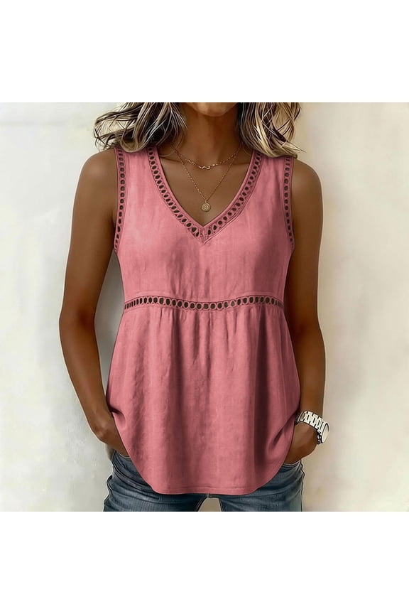 Womens Linen Eyelet Lace Hollow Out Tank Top V Neck Empire Waist Sleeveless Blouse Boho Chic Summer Casual Lightweight Flowy Tunic Fashion Shirt Elegant Feminine Peplum Style Tops Shirts