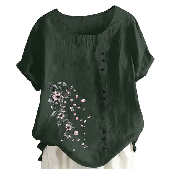 Xdegoge Womens Linen Shirt Short Sleeve Summer Graphic Tees Button Down Print Loose Blouse Crew Neck Boho Tops Beach Vacation T Shirts