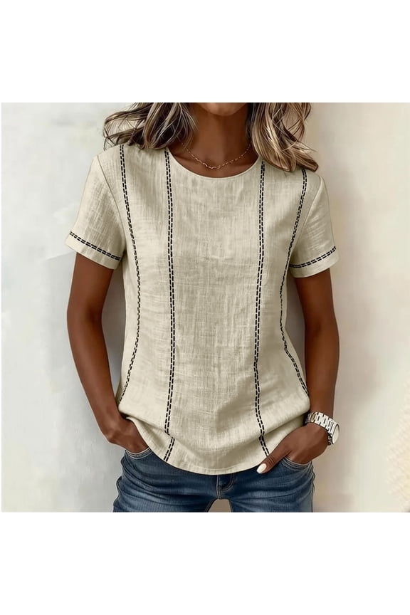 Womens Linen Vertical Stitch Shirts Short Sleeve T Shirt Round Neck Textured Fabric Casual Summer Classic Tops Daily Wear Comfort Fit Minimalist Soft Knit Essential Fashion Tee