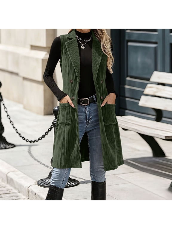 Womens Long Corduroy Vest Sleeveless Duster Cardigan Double Breasted Lapel Collar Trench Coat with Pockets Fall Winter Casual Office Outerwear