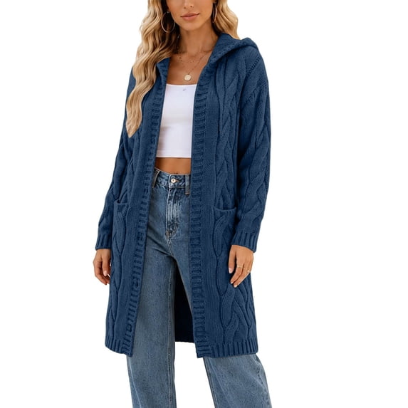 Xdegoge Womens Long Hooded Cardigan Sweaters Open Front Chunky Cable Knit Duster Coat with Pockets Fall Winter Warm Thick Oversized Outerwear
