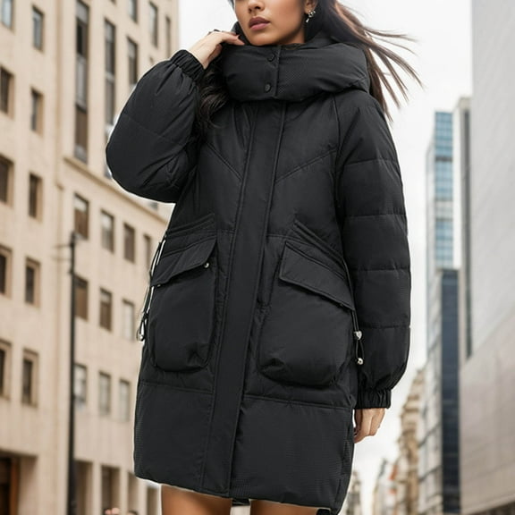 Xdegoge Womens Long Padded Coat Zip Up Thicken Stand Collar Hooded Down Coats with Pockets Thermal Casual Loose Fit Solid Color Quilted Jackets 2025 Winter Parkas Jacket