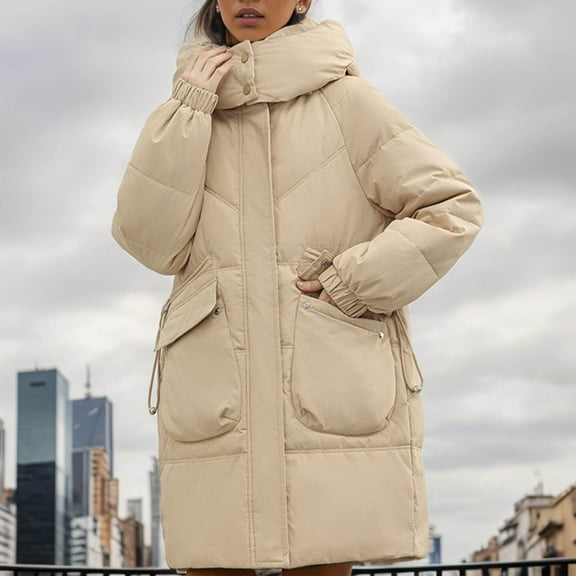 Xdegoge Womens Long Padded Coat Zip Up Thicken Stand Collar Hooded Down Coats with Pockets Thermal Casual Loose Fit Solid Color Quilted Jackets 2025 Winter Parkas Jacket