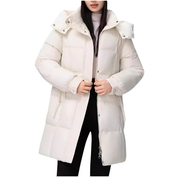 Xdegoge Womens Long Padded Jackets Double Zipper Stand Collar Detachable Hooded Quilted Jacket Casual Loose Fit Solid Color Down Coats with Pockets Winter Cozy Warm Overcoats 2025