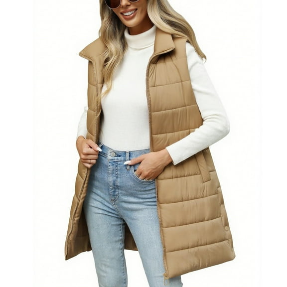 Xdegoge Womens Long Padded Vest Casual Keep Warm Sleeveless Coat Full Zip Lapel Coat with Pockets Stylish Solid Color Jacket Fall Winter Thermal Outerwear