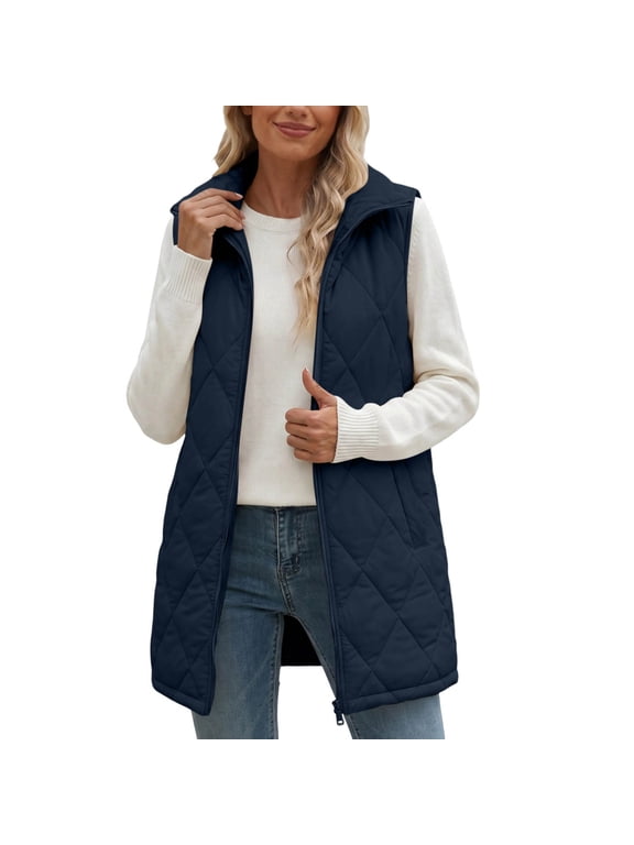 Womens Long Quilted Vest Stand Collar Sleeveless Longline Puffer Jacket Diamond Pattern Zip Up Lightweight Fall Winter Casual Outerwear