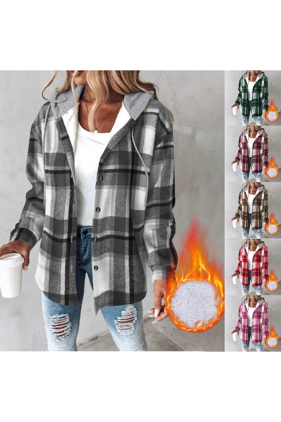 Womens Long Sleeve Plaid Shirts Button Down Fleece Lined Flannel Hooded Shacket Jacket Fashion Casual Hoodie Coats 2026 Fall Outfits Clothes Plus Size Chamarras Para Mujer Para El Frio Gray M