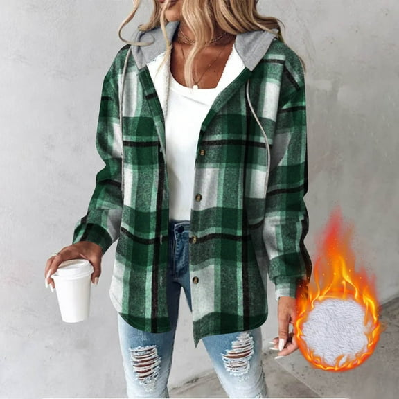 Xdegoge Womens Long Sleeve Plaid Shirts Button Down Fleece Lined Flannel Hooded Shacket Jacket Fashion Casual Hoodie Coats 2025 Fall Outfits Clothes Plus Size Chamarras Para Mujer Para El Frio XXL