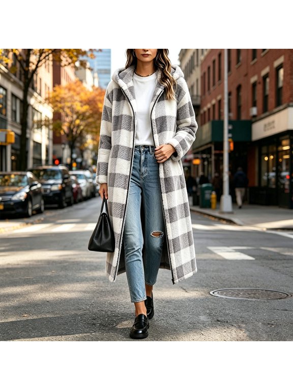 Womens Long Teddy Coat Plaid Fluffy Fleece Jacket Open Front Button Down Shacket Warm Winter Casual Outerwear with Pockets