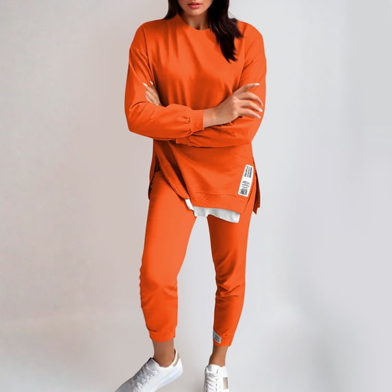 Xdegoge Womens Lounge Sets 2 Piece Outfits Fall Plus Size Long Sleeve Crewneck Side Slit Patchwork Sweatshirt Elastic Waist Joggers Oversized Trendy Solid Sweatsuits Set 2025