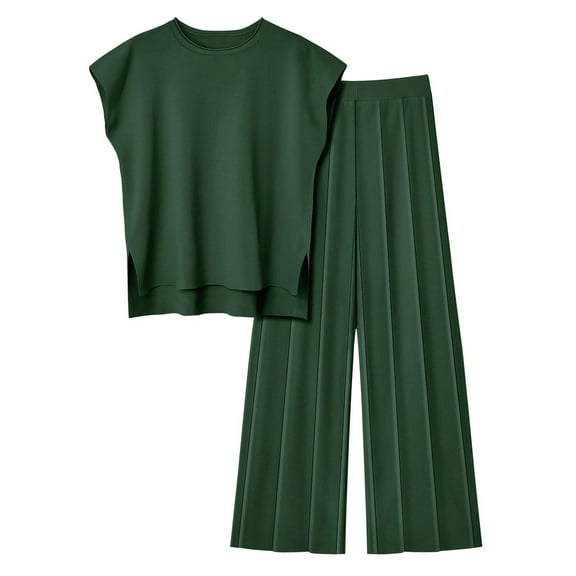Xdegoge Womens Lounge Sets Travel 2 Piece Outfits Crewneck Knit Cap Sleeve Pullover Tops High Low Hem Casual T-Shirt Elastic Waist Pleated Wide Leg Pants Ladies Fashion Matching Clothes Fit Daily