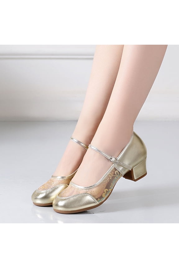 Womens Mary Jane&nbsp;Mesh Lace Chunky Heel Pumps Closed Toe Round Toe Ankle Strap Buckle Casual Summer Breathable Dress Shoes Walking