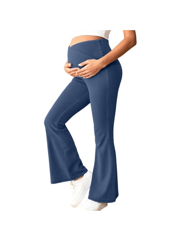 Womens Maternity Flare Leggings Crossover Waist V-Cross Pregnancy Yoga Pants Bell Bottoms Stretchy Workout Lounge Activewear Flattering Bootcut
