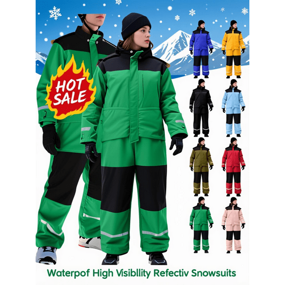 Xdegoge Womens and Mens Snowsuits One Piece Ski Suits Waterproof Ski Suit Snowboarding Onesie Winter Color Block Zip Up High Visibility Reflective Skiing Jumpsuit with Hood
