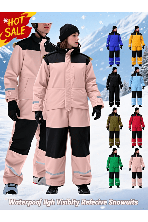 Womens and Mens Snowsuits One Piece Ski Suits Waterproof Ski Suit Snowboarding Onesie Winter Color Block Zip Up High Visibility Reflective Skiing Jumpsuit with Hood