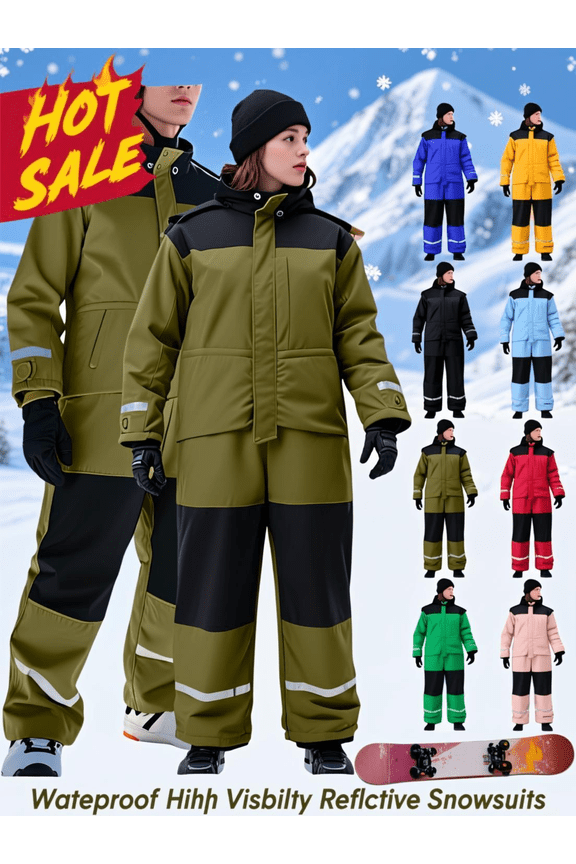 Womens and Mens Snowsuits One Piece Ski Suits Waterproof Ski Suit Snowboarding Onesie Winter Color Block Zip Up High Visibility Reflective Skiing Jumpsuit with Hood