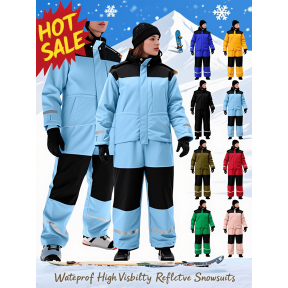 Xdegoge Womens and Mens Snowsuits One Piece Ski Suits Waterproof Ski Suit Snowboarding Onesie Winter Color Block Zip Up High Visibility Reflective Skiing Jumpsuit with Hood