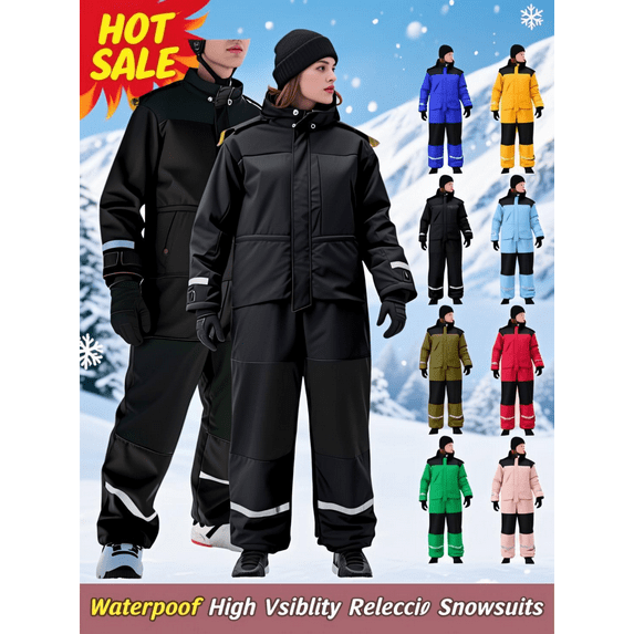 Xdegoge Womens and Mens Snowsuits One Piece Ski Suits Waterproof Ski Suit Snowboarding Onesie Winter Color Block Zip Up High Visibility Reflective Skiing Jumpsuit with Hood