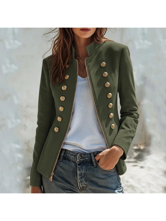 Womens Military Style Blazer Jacket Stand Collar Zip Up Long Sleeve Coat with Button Details for Work Office Business Casual Fall Green XXL