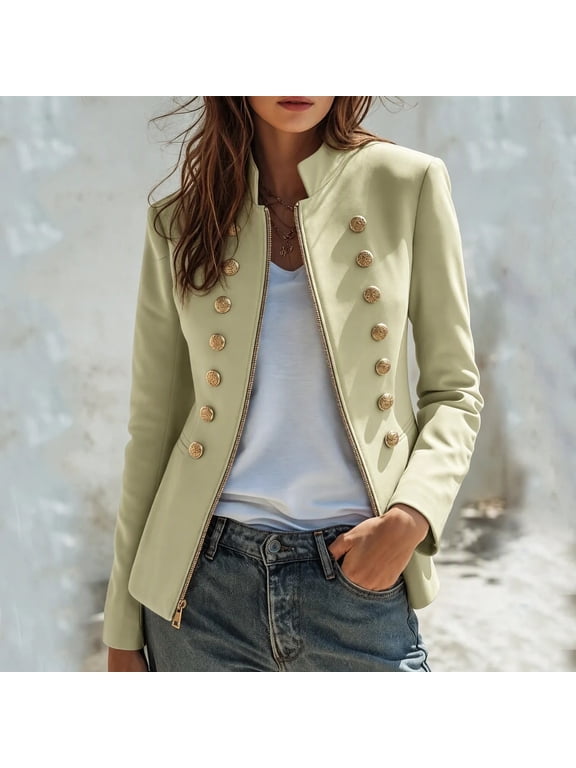 Womens Military Style Blazer Jacket Stand Collar Zip Up Long Sleeve Coat with Button Details for Work Office Business Casual Fall Khaki S