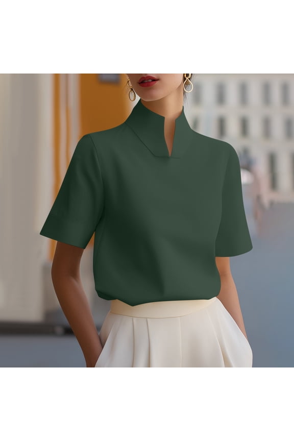 Womens Mock Neck Short Sleeve Blouse Elegant Solid Professional Office Top Sophisticated Minimalist Casual Shirt For Ladies