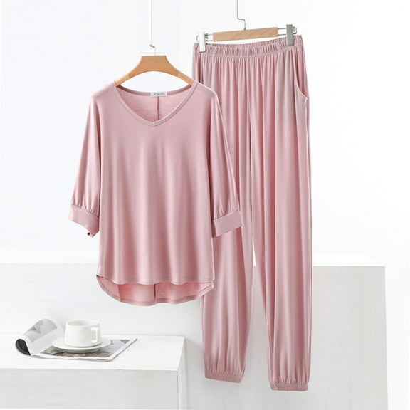Xdegoge Womens Model Pajama Sets Cozy 2 Piece V-Neck Short Sleeve Sleepwear Loose Comfy Nightwear Lounge Outfits High Waisted Baggy Long Pants with Pockets Going Out Trendy Matching Homewear