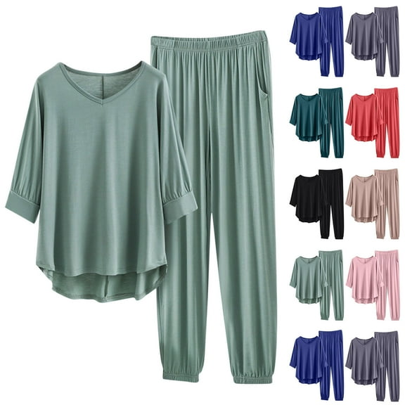 Xdegoge Womens Model Pajama Sets Cozy 2 Piece V-Neck Short Sleeve Sleepwear Loose Comfy Nightwear Lounge Outfits High Waisted Baggy Long Pants with Pockets Going Out Trendy Matching Homewear