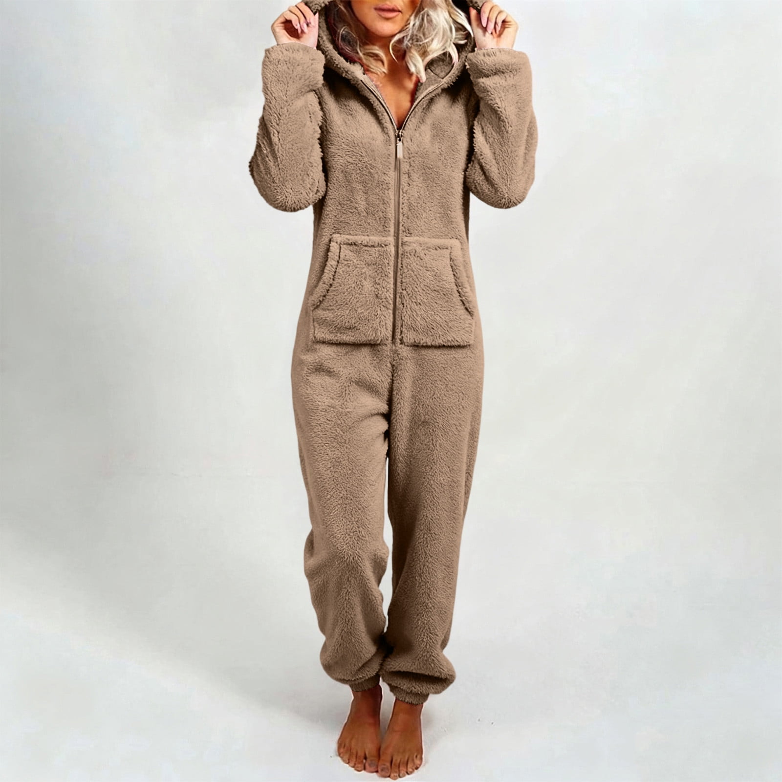 Xdegoge Womens Onesie Pajamas Plus Size Lounge Fleece Cute Hooded Zip Up Jumpsuit with Pockets Cozy Onesies Winter Sleepwear Long Sleeve One Piece Outfits
