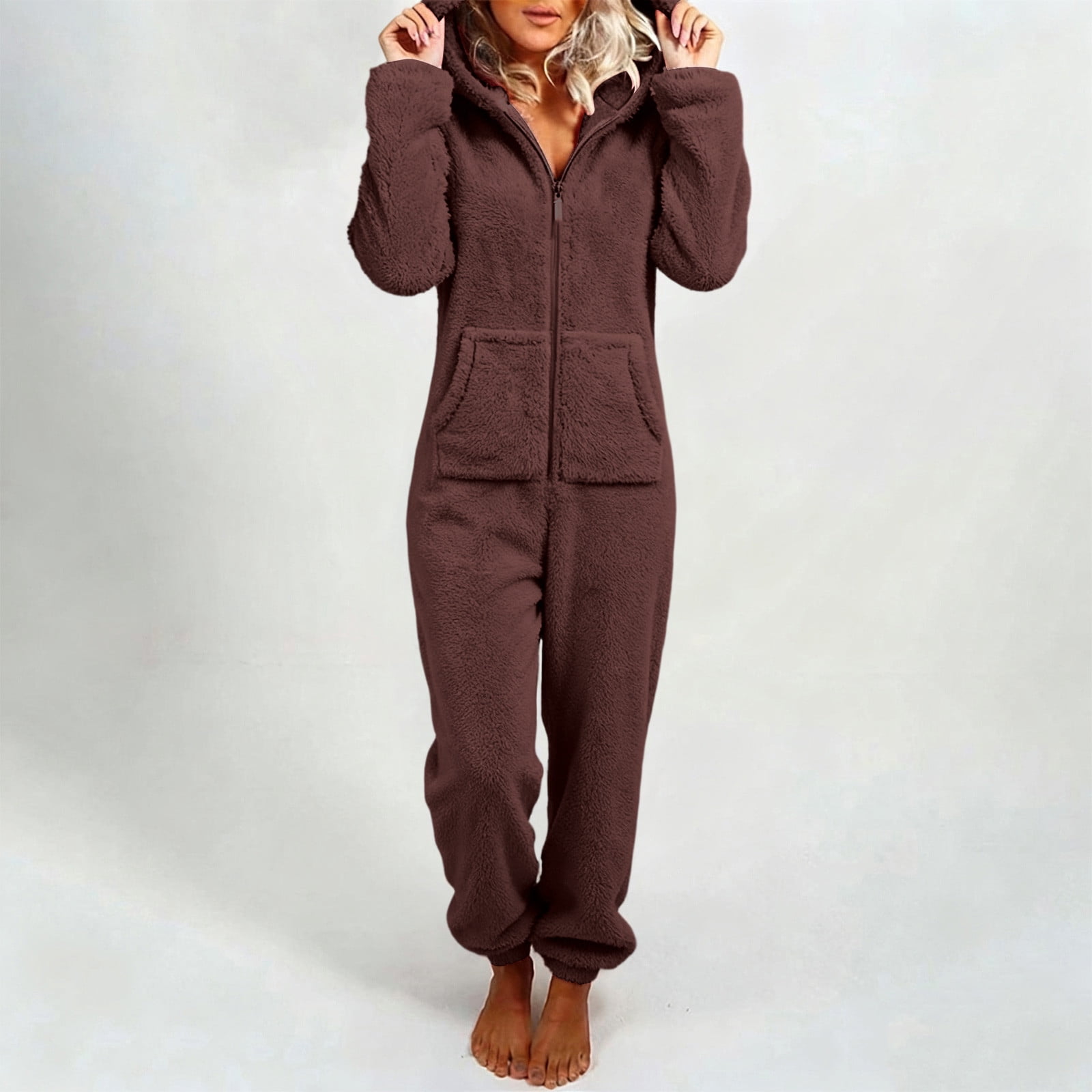 Xdegoge Womens Onesie Pajamas Plus Size Lounge Fleece Cute Hooded Zip Up Jumpsuit with Pockets Cozy Onesies Winter Sleepwear Long Sleeve One Piece Outfits