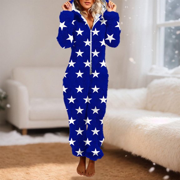 Xdegoge Womens Onesies Pajamas Hooded Long Sleeve Cozy One Piece Star Print Winter Zip Up Sleepwear Romper Lounge Fleece Jumpsuits Cute Y2K Fashion Pjs Outfits