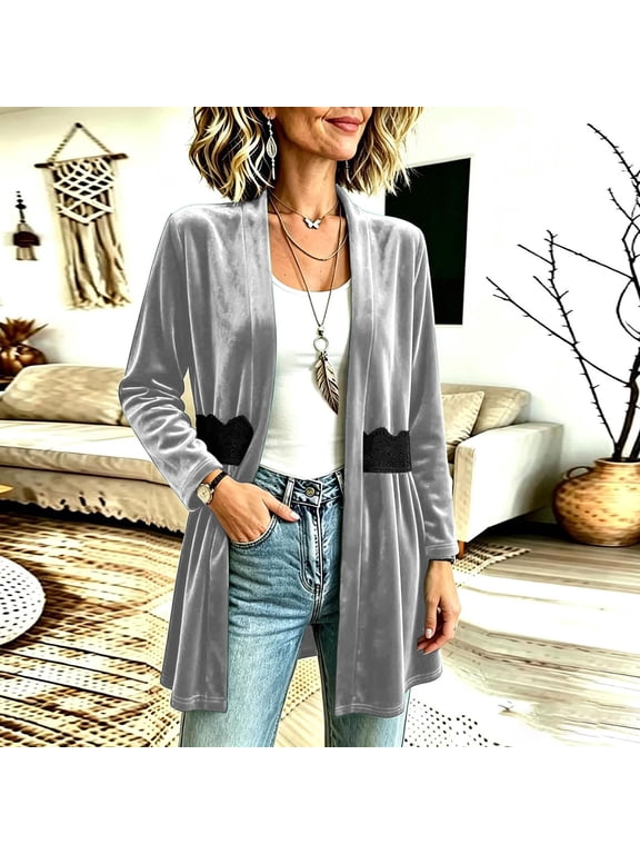 Womens Velour Duster Cardigan Long Sleeve Open Front Elegant Midi Coat with Lace Trim Pockets Casual Vintage Fall Winter Outerwear