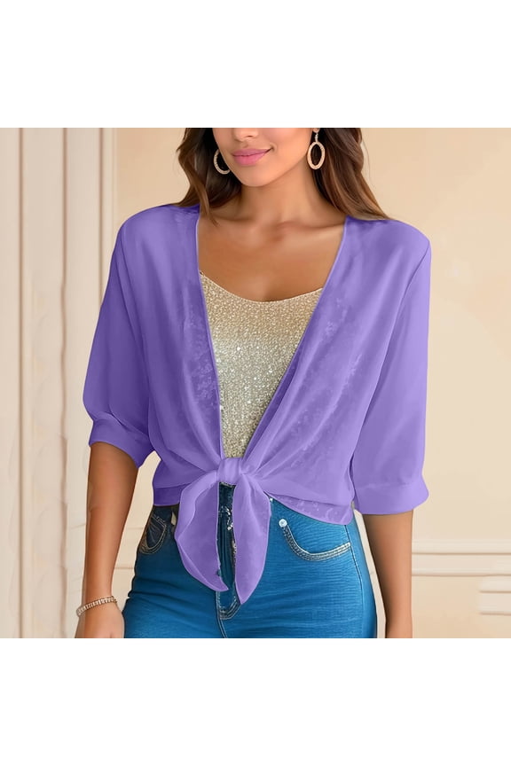 Womens Open Front Half Sleeve Sheer Chiffon Tie Knot Shrug Elegant Casual Lightweight Cropped Cardigan Bolero Evening Party Wedding Guest Beach Cover Up Blouses Tops