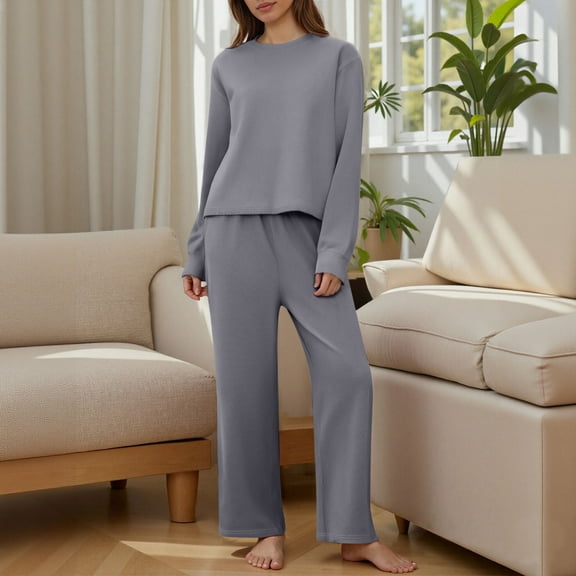 Xdegoge Womens Pajama Sets 2 Piece Lounge Homewear Outfits Long Sleeve Crewneck Sleepwear Soild Color Crop Pullover Tops High Waisted Casaul Wide Leg Pants Ladies Cozy Loungewear Fit Home Going Out