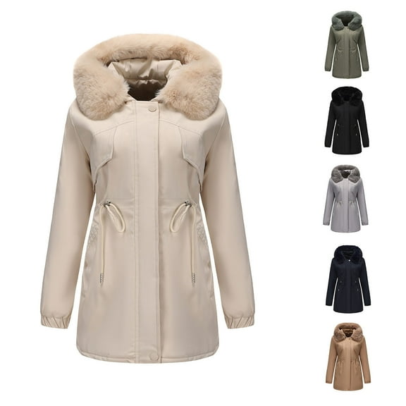 Xdegoge Womens Parkas Coats with Faux Fur Hood Zip Up Oversized Drawstring Tunic Padded Jackets Casual Thermal Winter Down Coat with Pockets 2025