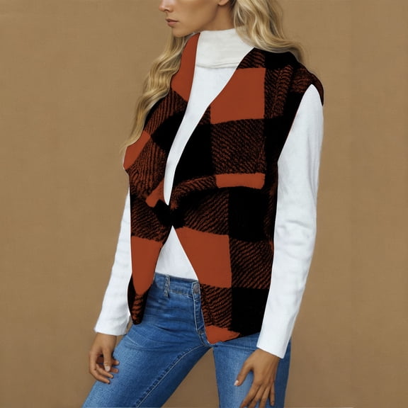 Xdegoge Womens Plaid Fleece Vest Open Front Lapel Sherpa Cardigan Vests Sleeveless Oversized Trendy Jackets Winter Warm Streetwear Casual Coats 2025