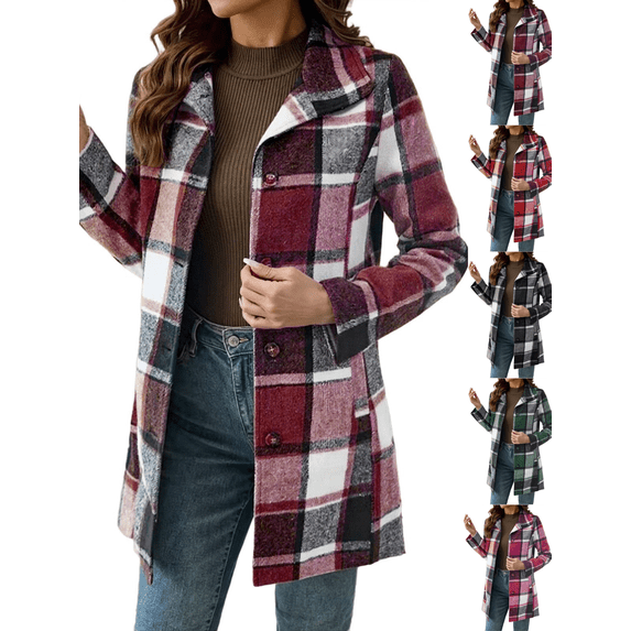 Xdegoge Womens Plaid Long Coat Button Down Trench Shacket Lapel Collar Fall Winter Casual Overcoat Vintage Tartan Pea Coat Warm Outerwear with Pockets